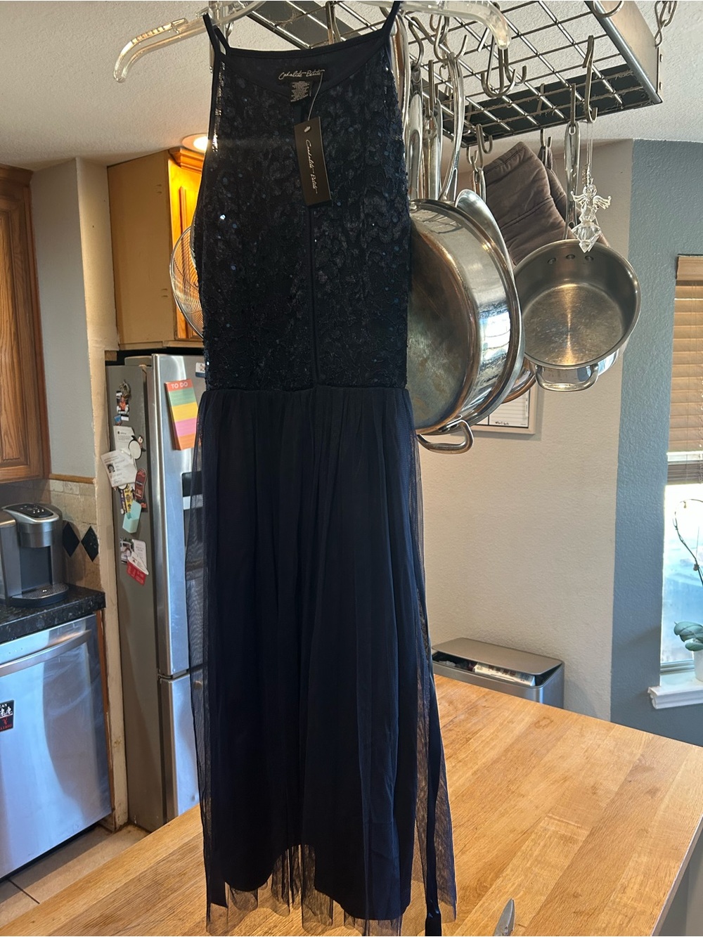 Adrianna Papell Navy Sequin Halter Tulle Maxi Dress